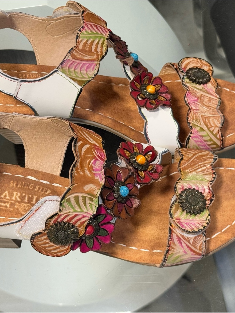 Leather Floral Embellished Women's Sandals - Pink/Tan - Picture 2 of 5